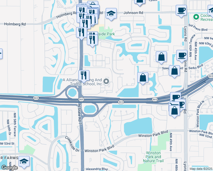 map of restaurants, bars, coffee shops, grocery stores, and more near 5630 Northwest 61st Street in Coconut Creek