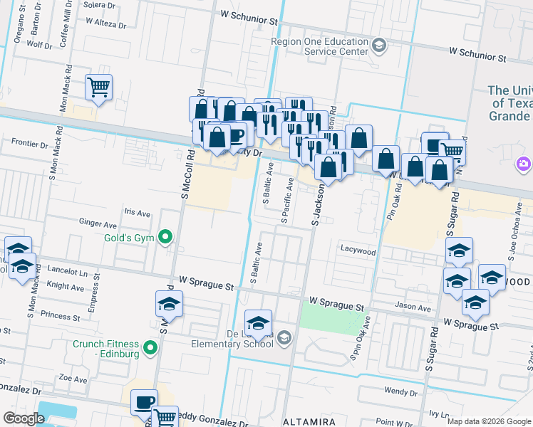 map of restaurants, bars, coffee shops, grocery stores, and more near 615 South Baltic Avenue in Edinburg