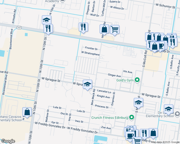 map of restaurants, bars, coffee shops, grocery stores, and more near 512 Downing Avenue in Edinburg