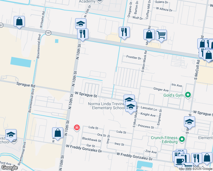 map of restaurants, bars, coffee shops, grocery stores, and more near 4009 Whitewing Avenue in Edinburg