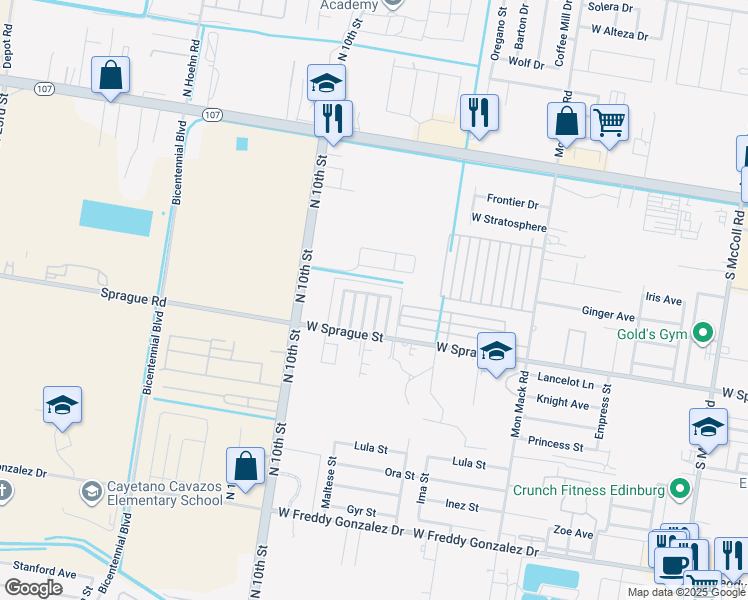 map of restaurants, bars, coffee shops, grocery stores, and more near 4107 West La Guardia Lane in Edinburg