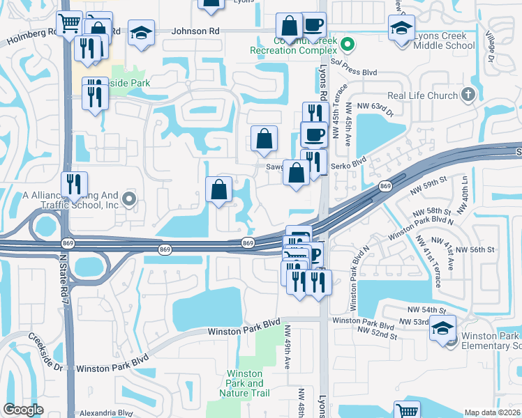 map of restaurants, bars, coffee shops, grocery stores, and more near 4804 Northwest 58th Manor in Coconut Creek