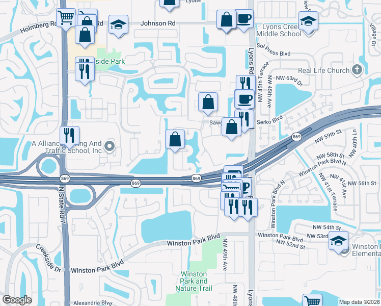 map of restaurants, bars, coffee shops, grocery stores, and more near 4835 Northwest 58th Place in Coconut Creek