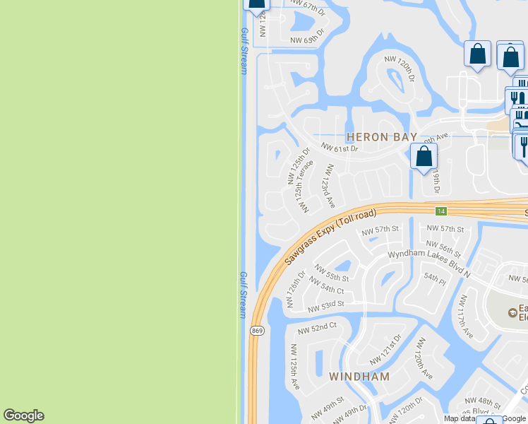map of restaurants, bars, coffee shops, grocery stores, and more near 5728 Northwest 127th Terrace in Coral Springs