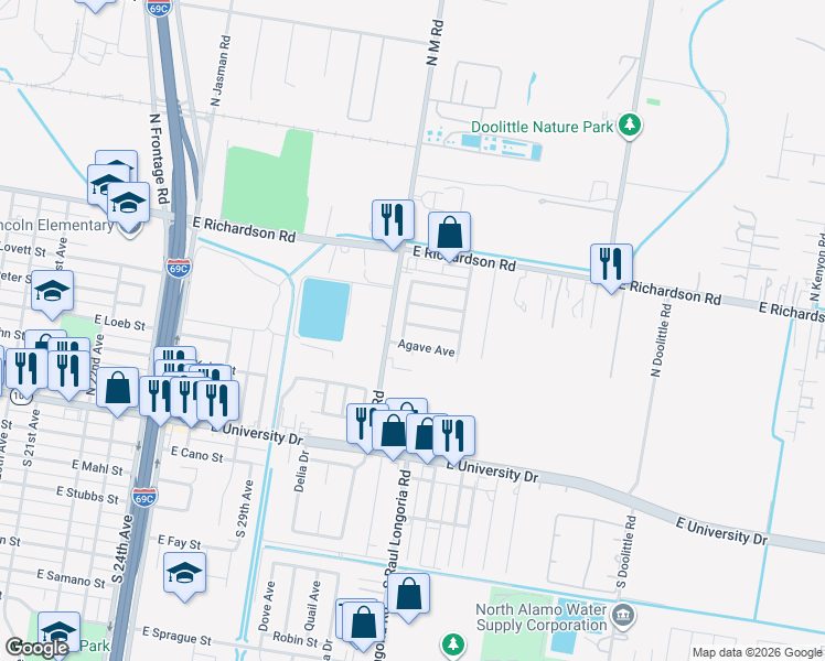 map of restaurants, bars, coffee shops, grocery stores, and more near 510 Yucca Avenue in Edinburg