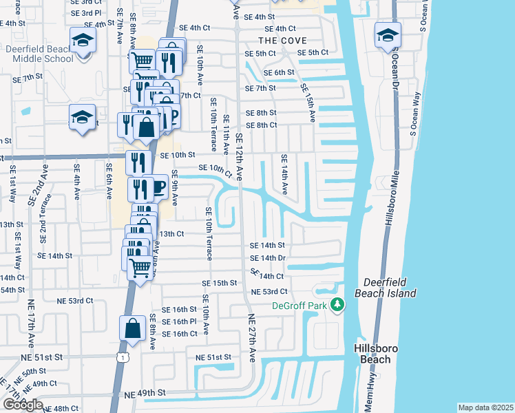 map of restaurants, bars, coffee shops, grocery stores, and more near 1209 Southeast 12th Terrace in Deerfield Beach
