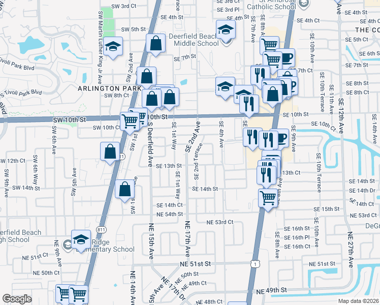 map of restaurants, bars, coffee shops, grocery stores, and more near 1162 Southeast 2nd Avenue in Deerfield Beach