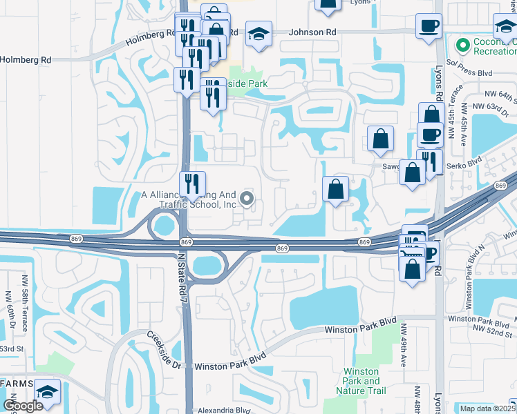 map of restaurants, bars, coffee shops, grocery stores, and more near 5540 Northwest 61st Street in Coconut Creek