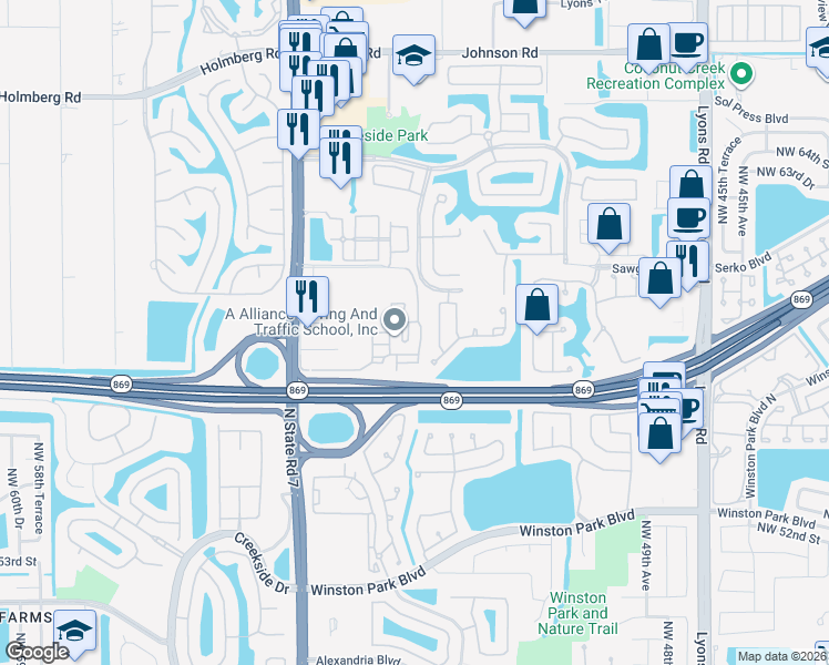 map of restaurants, bars, coffee shops, grocery stores, and more near 5540 Northwest 61st Street in Coconut Creek