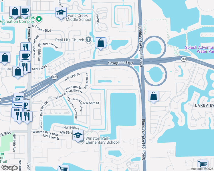 map of restaurants, bars, coffee shops, grocery stores, and more near 3821 Northwest 58th Street in Coconut Creek