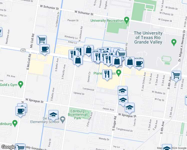 map of restaurants, bars, coffee shops, grocery stores, and more near 606 Gastel Circle in Edinburg