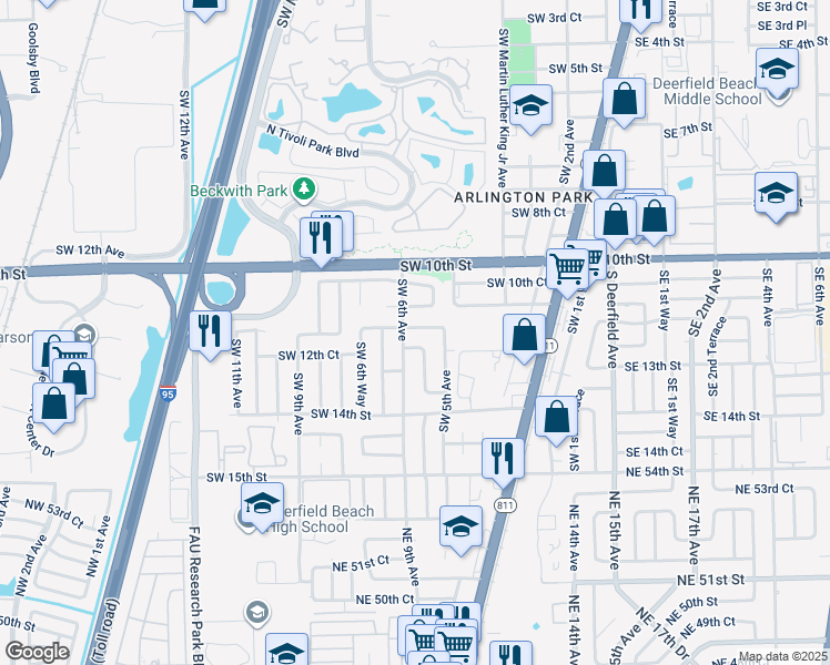 map of restaurants, bars, coffee shops, grocery stores, and more near 520 Southwest 11th Drive in Deerfield Beach