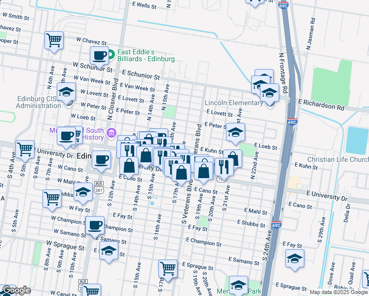map of restaurants, bars, coffee shops, grocery stores, and more near 704 East Kuhn Street in Edinburg