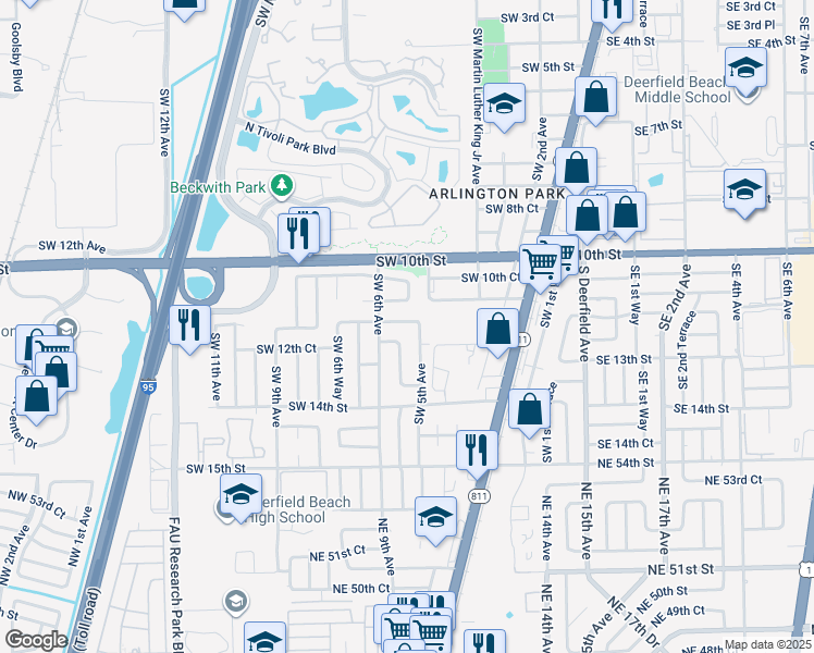 map of restaurants, bars, coffee shops, grocery stores, and more near 520 Southwest 11th Drive in Deerfield Beach