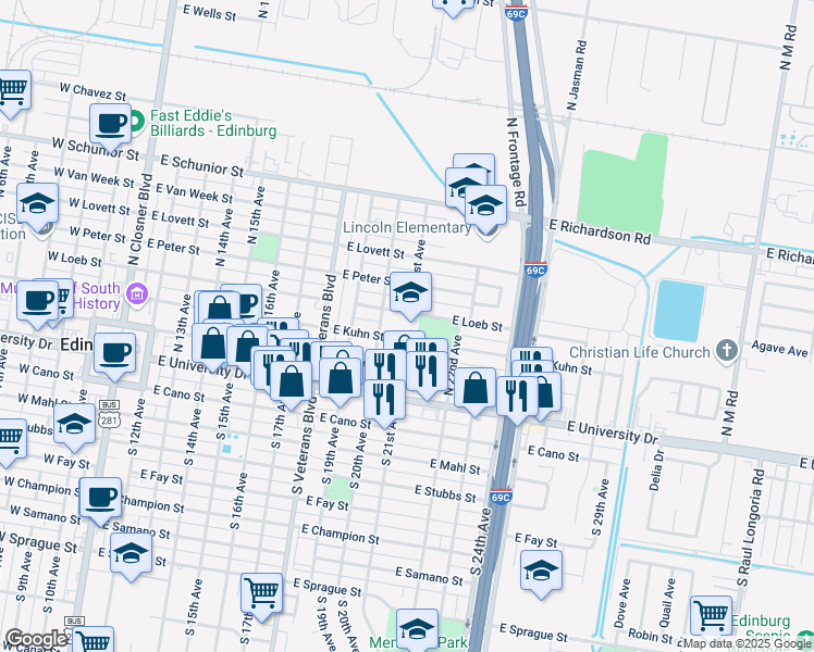 map of restaurants, bars, coffee shops, grocery stores, and more near 1023 E Kuhn St in Edinburg