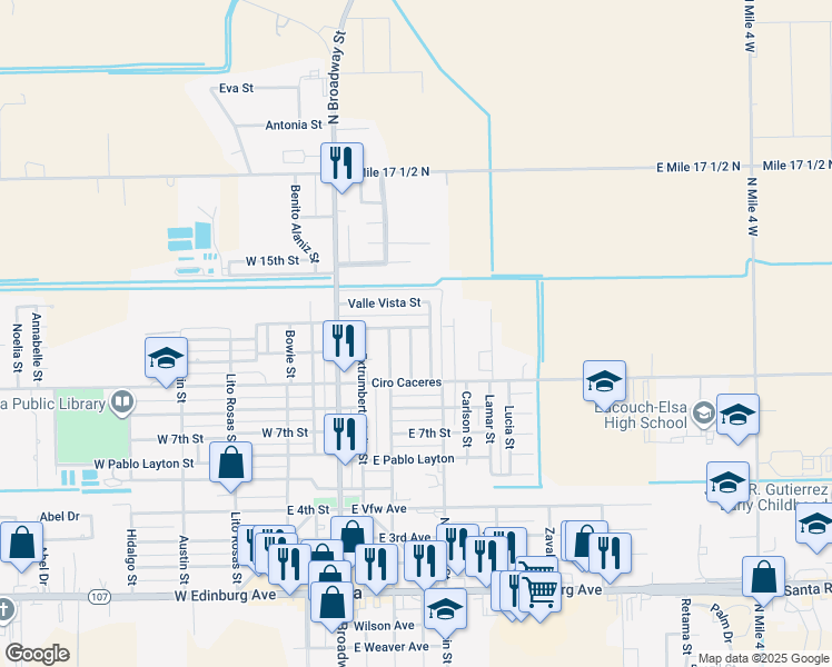 map of restaurants, bars, coffee shops, grocery stores, and more near 936 Navarro Street in Elsa