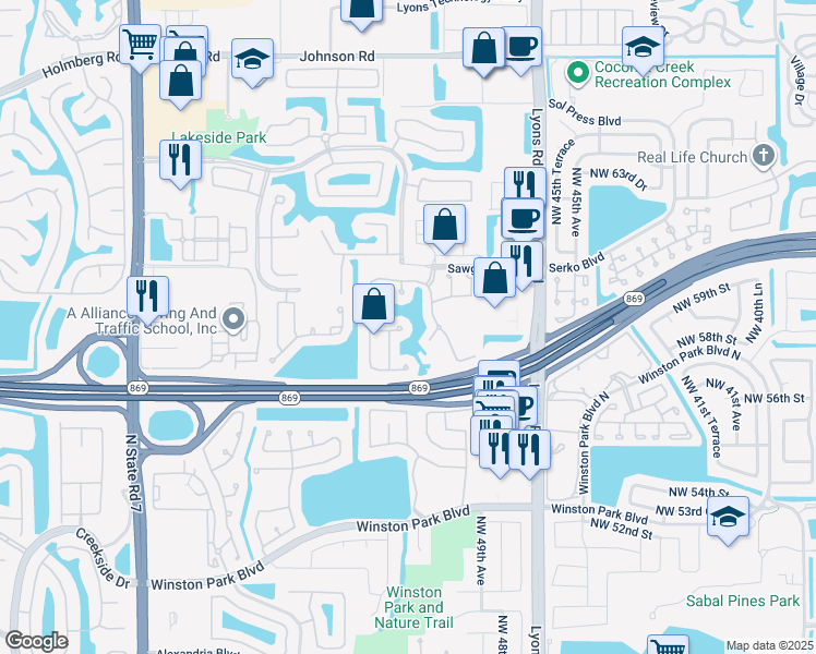 map of restaurants, bars, coffee shops, grocery stores, and more near 4835 Northwest 58th Place in Coconut Creek