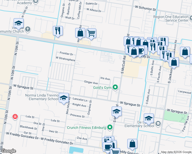 map of restaurants, bars, coffee shops, grocery stores, and more near 3210 Lerma Drive in Edinburg