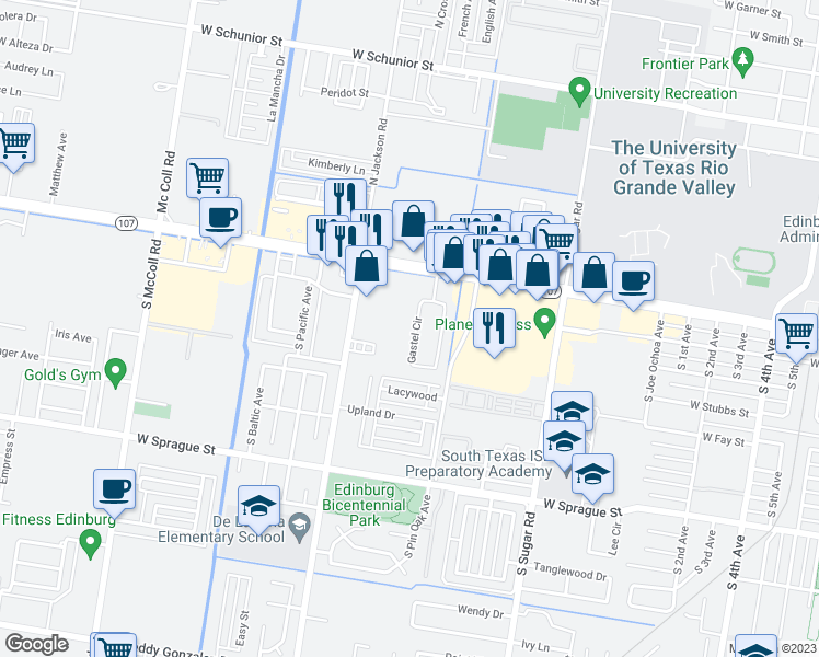 map of restaurants, bars, coffee shops, grocery stores, and more near 601 Gastel Circle in Edinburg