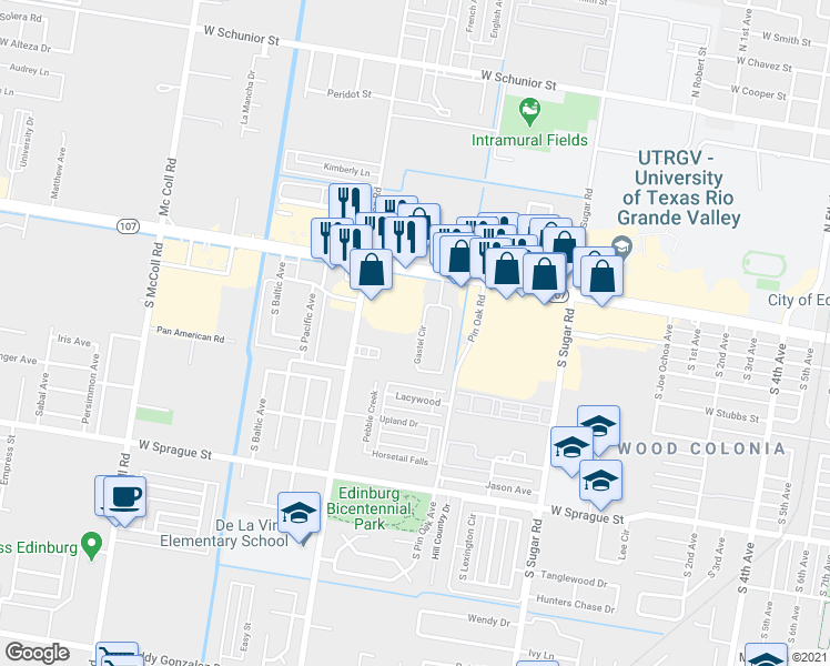 map of restaurants, bars, coffee shops, grocery stores, and more near 606 Gastel Circle in Edinburg