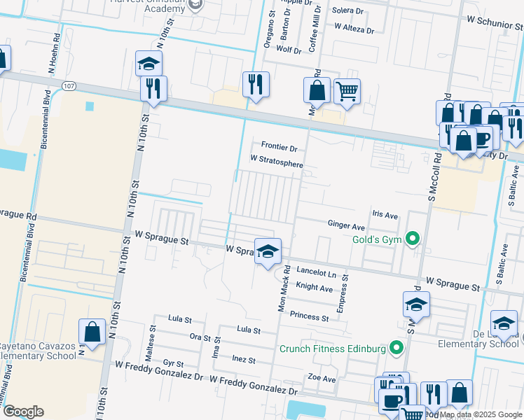 map of restaurants, bars, coffee shops, grocery stores, and more near 512 Downing Avenue in Edinburg