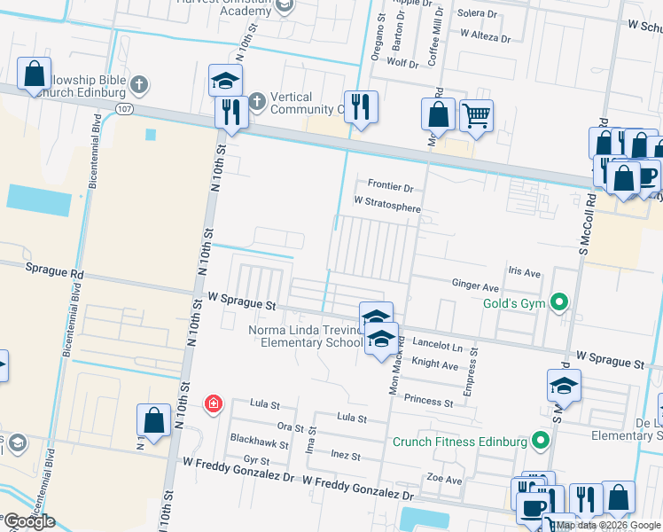 map of restaurants, bars, coffee shops, grocery stores, and more near 513 Teague Avenue in Edinburg