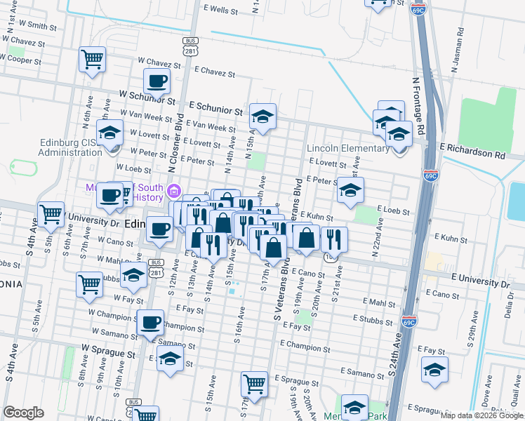 map of restaurants, bars, coffee shops, grocery stores, and more near 215 North 16th Avenue in Edinburg