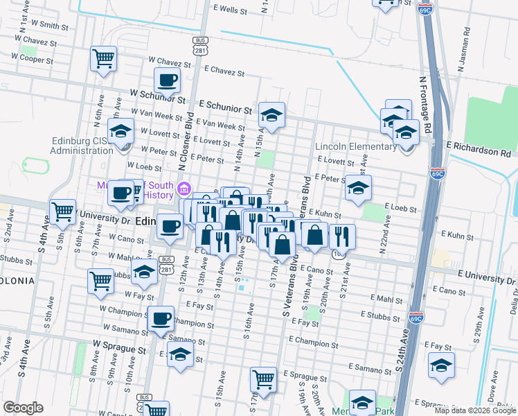 map of restaurants, bars, coffee shops, grocery stores, and more near 215 North 16th Avenue in Edinburg