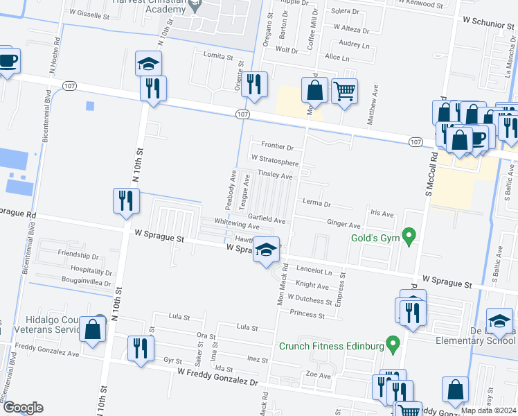 map of restaurants, bars, coffee shops, grocery stores, and more near 512 Downing Ave in Edinburg