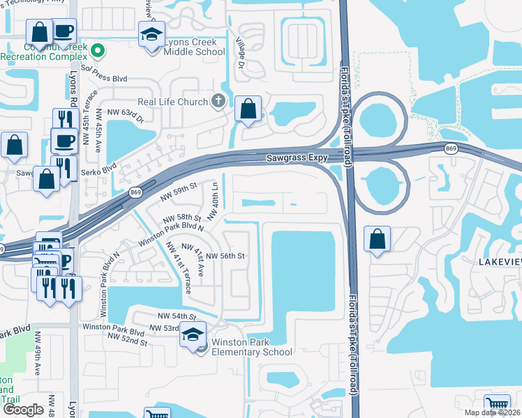 map of restaurants, bars, coffee shops, grocery stores, and more near 3821 Northwest 58th Street in Coconut Creek
