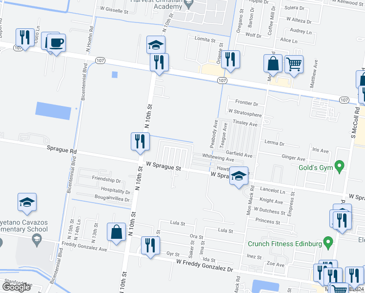 map of restaurants, bars, coffee shops, grocery stores, and more near 4113 West La Guardia Lane in Edinburg