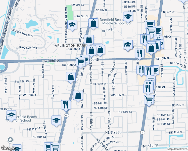 map of restaurants, bars, coffee shops, grocery stores, and more near 4 Southeast 11th Court in Deerfield Beach