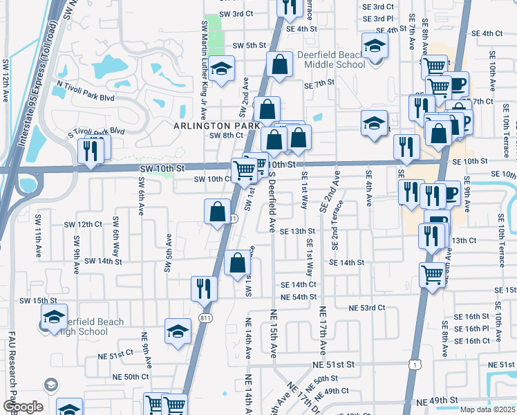 map of restaurants, bars, coffee shops, grocery stores, and more near 1173 Southwest 1st Terrace in Deerfield Beach