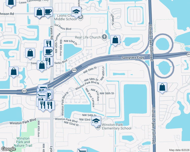 map of restaurants, bars, coffee shops, grocery stores, and more near 4112 Northwest 58th Drive in Coconut Creek