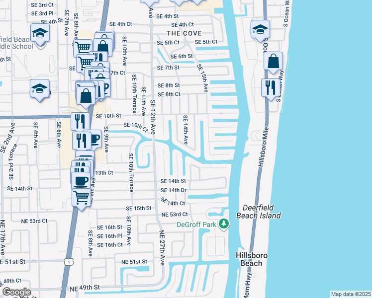 map of restaurants, bars, coffee shops, grocery stores, and more near 1316 Southeast 12th Street in Deerfield Beach
