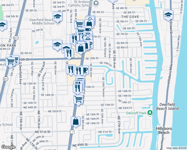 map of restaurants, bars, coffee shops, grocery stores, and more near 904 Southeast 12th Street in Deerfield Beach