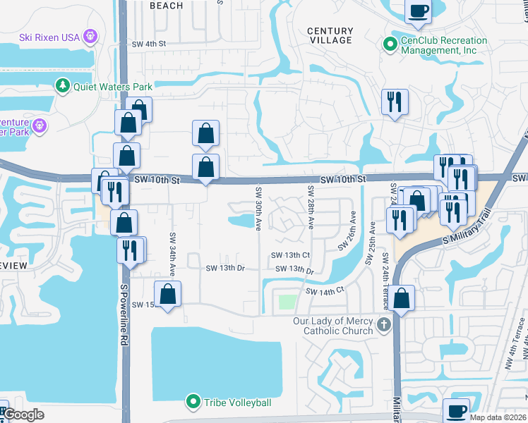 map of restaurants, bars, coffee shops, grocery stores, and more near 2946 Waterford Drive North in Deerfield Beach