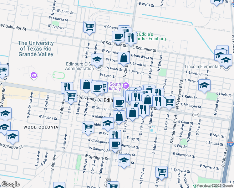 map of restaurants, bars, coffee shops, grocery stores, and more near 121 West McIntyre Street in Edinburg