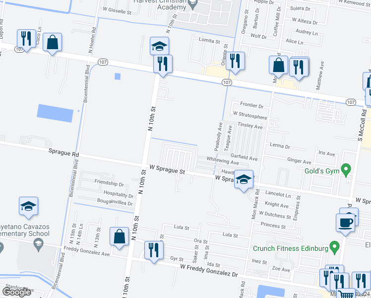 map of restaurants, bars, coffee shops, grocery stores, and more near 4107 West La Guardia Lane in Edinburg