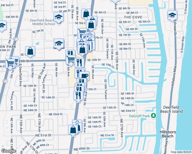 map of restaurants, bars, coffee shops, grocery stores, and more near 904 Southeast 12th Street in Deerfield Beach