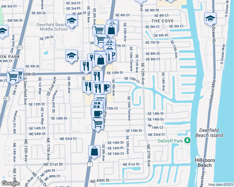 map of restaurants, bars, coffee shops, grocery stores, and more near 904 Southeast 12th Street in Deerfield Beach