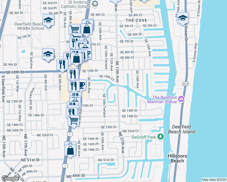 map of restaurants, bars, coffee shops, grocery stores, and more near 1106 Southeast 12th Street in Deerfield Beach
