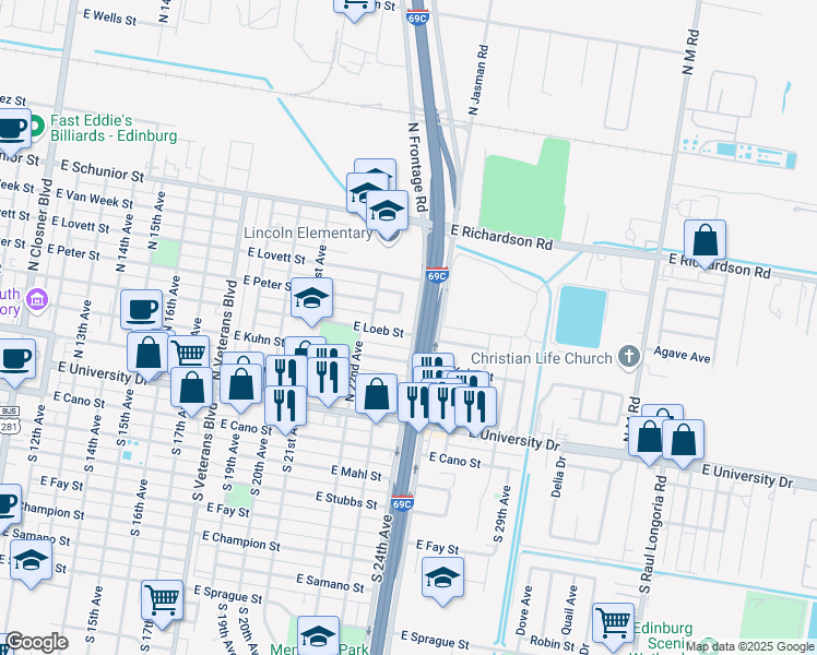 map of restaurants, bars, coffee shops, grocery stores, and more near 1415 East Loeb Street in Edinburg