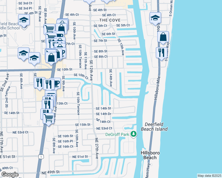 map of restaurants, bars, coffee shops, grocery stores, and more near 1316 Southeast 12th Street in Deerfield Beach