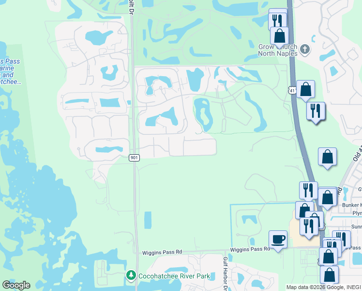 map of restaurants, bars, coffee shops, grocery stores, and more near 14801 Glen Eden Boulevard in Naples