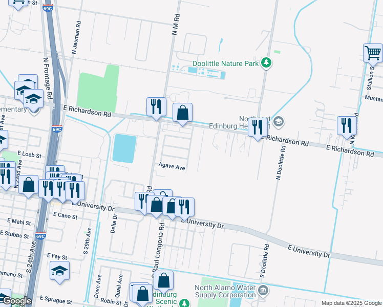 map of restaurants, bars, coffee shops, grocery stores, and more near 608 Bougainvillea Avenue in Edinburg