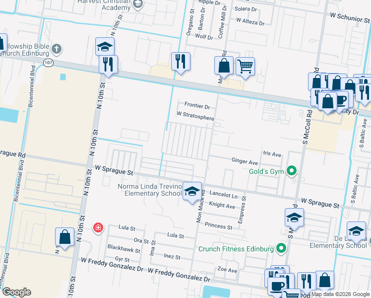 map of restaurants, bars, coffee shops, grocery stores, and more near 514 Downing Avenue in Edinburg