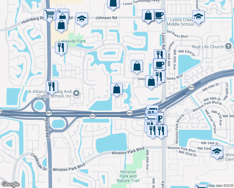 map of restaurants, bars, coffee shops, grocery stores, and more near 5814 Northwest 49th Lane in Coconut Creek