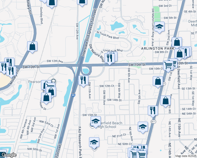 map of restaurants, bars, coffee shops, grocery stores, and more near 1011 Southwest 11th Court in Deerfield Beach