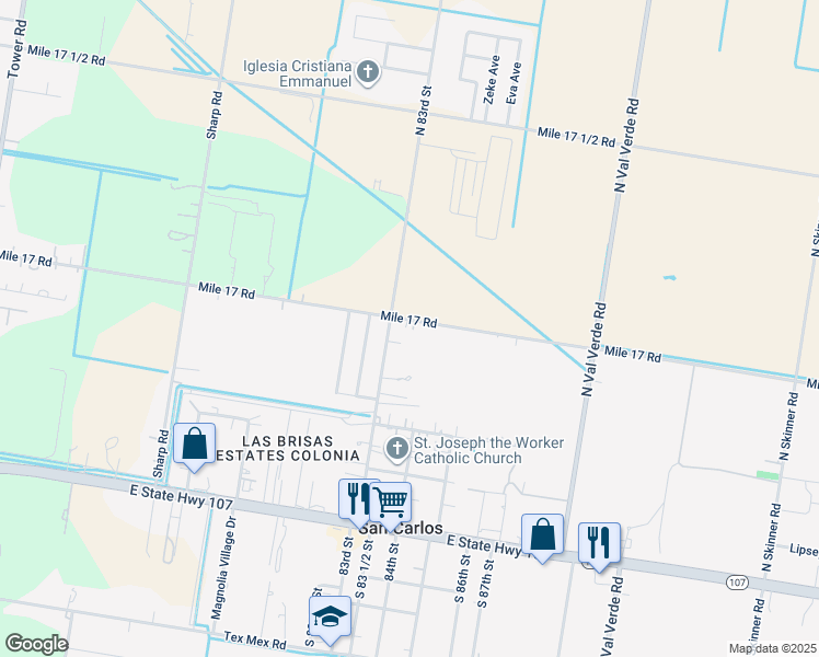 map of restaurants, bars, coffee shops, grocery stores, and more near 8318 East Mile 17 North in Edinburg